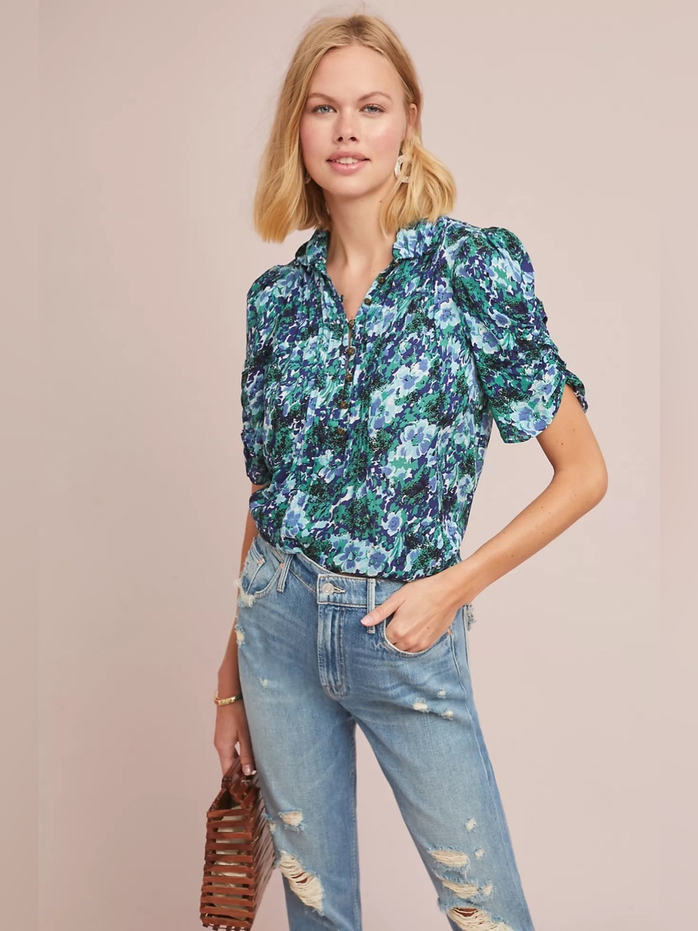Anthropologie Maka Printed Top by Maeve Blue Green Floral NWT Size 12
